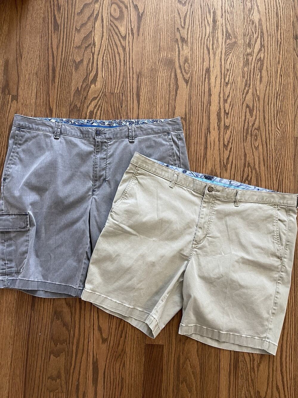 Lot of 2 Tommy Bahama Shorts Mens 42 Gray Khaki Chino Flat Front Stretch Casual